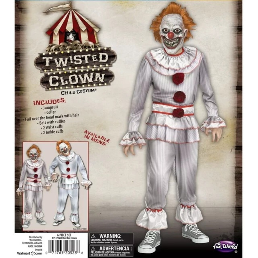 Fun World Twisted Clown Scary Halloween Costume Boys Child Size S(6-7) NIP